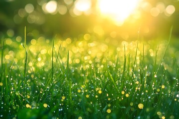A dewy meadow bathed in sunlight, with glistening droplets and a soft