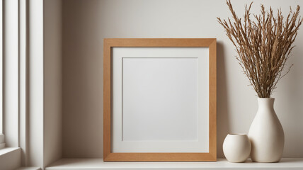 empty wooden photo frame and vase Still life