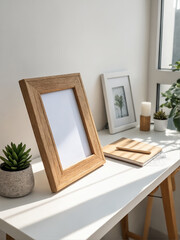 table with wooden photo frames. Still life