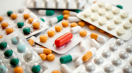 Pile of colorful medicine pills and capsules in blister packs, scattered pile of various colorful pills and capsules in their silver and colored blister packaging