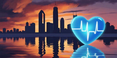 A glowing blue heart with a heartbeat line reflects on water