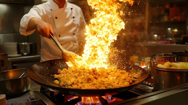 The chef tosses the wok by the stove, where flames and sparks flying from the edge of the wok together paint a picture of masterful culinary artistry