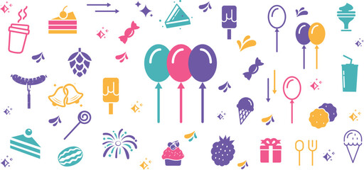 Elements for a birthday party. Happy birthday greeting vector design. Cake, Gifts, Candy, Donut, ballon and firework.