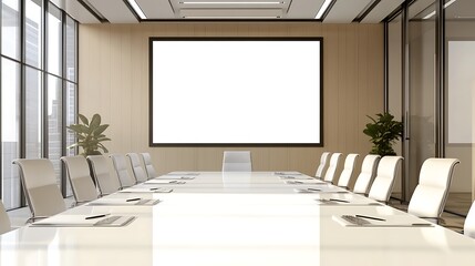 A conference room with a long table, white chairs, and a large blank presentation screen