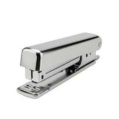 A heavy-duty metal stapler, polished silver, classic ergonomic design with visible loading mechanism and base pad, isolated on a pristine transparent seamless studio background, product photography
