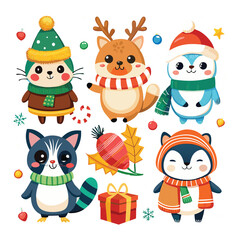 Six Adorable Christmas Animal Stickers Cute Cat Reindeer Penguin Raccoon Winter Hats Scarves Gift