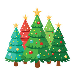 Six Colorful Christmas Trees Vector Illustration Green Red Teal Yellow Ornaments Stars White