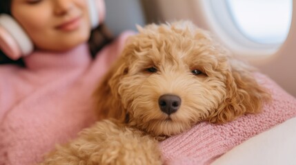 Young Woman with Headphones Petting Calm Maltipoo in Airplane Seat – Serene In-Flight Moment