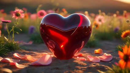 A reflective red heart sits amidst colorful flowers