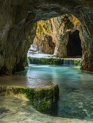 Naklejka premium The gentle flow of water echoes through the cave, with moss patches adorning the stone walls