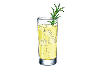 Refreshing lemon rosemary cocktail recipe with ice cubes and garnish art
