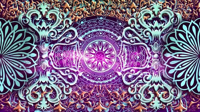 A vibrant, intricate mandala design featuring swirling patterns and a central floral motif in purple and blue hues.