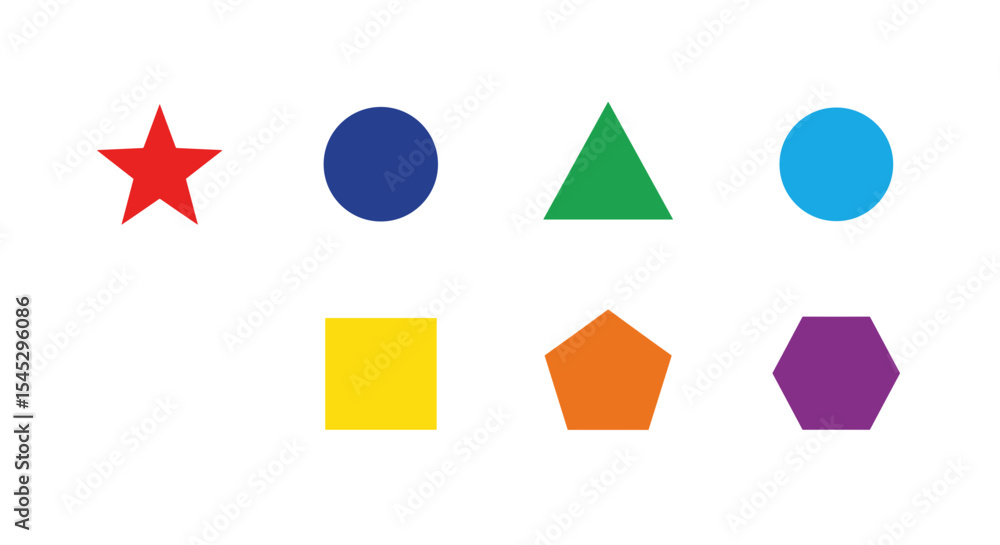 Poster illustration of various colorful geometric shapes arranged in two rows on a white background