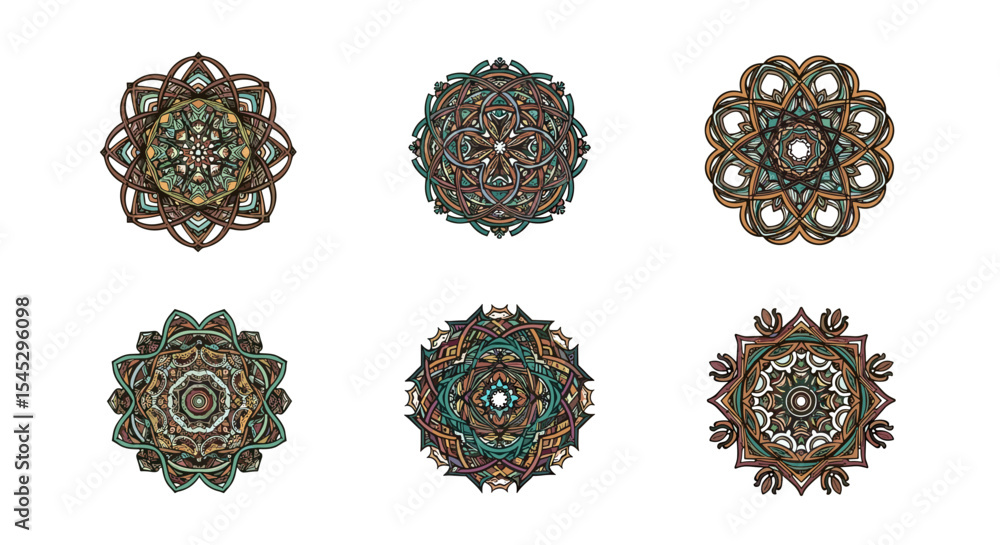Aufkleber a collection of six ornate oval shaped designs with intricate patterns and color variations on white