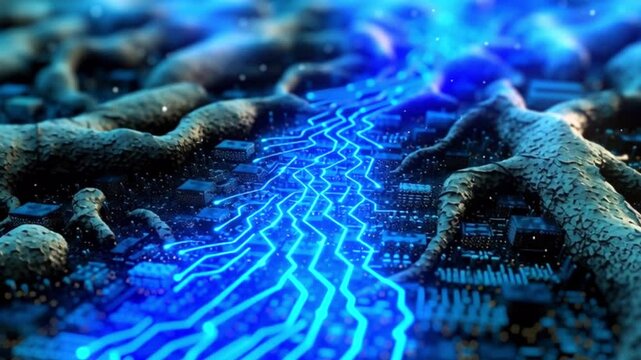 Sound Pulse Lines on Glowing Microchip &ndash; Natural Roots and Batik Border Fusion