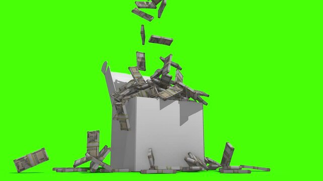 Bundles of indian five-hundred rupee notes falling into a white box on a green screen background.