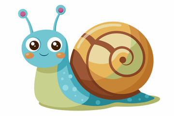 Bright and cheerful cartoon snail character with a vibrant orange spiral shell, blue body, and big smiling face. This playful vector illustration is perfect for children’s books, educational materials