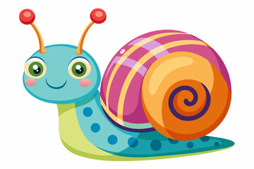 Bright and cheerful cartoon snail character with a vibrant orange spiral shell, blue body, and big smiling face. This playful vector illustration is perfect for children’s books, educational materials
