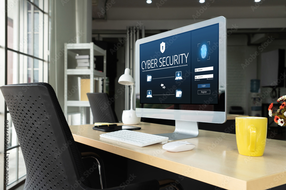 Poster cyber security system on computer screen protect private information snugly from hacker and cyber at