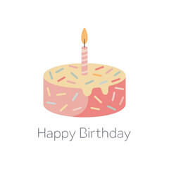 Vector illustration of a birthday cake with one candle on top. Cute minimal style with pastel sprinkles. Ideal for birthday icons, greeting cards, or decorative calendar visuals.