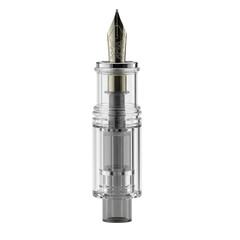 Pristine clear plastic fountain pen ink converter with polished silver accents, internal piston visible, meticulously detailed macro shot against a transparent studio background with soft shadowless