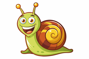 Bright and cheerful cartoon snail character with a vibrant orange spiral shell, blue body, and big smiling face. This playful vector illustration is perfect for children’s books, educational materials