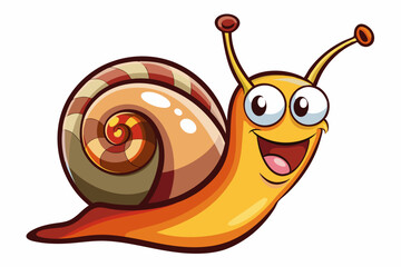 Bright and cheerful cartoon snail character with a vibrant orange spiral shell, blue body, and big smiling face. This playful vector illustration is perfect for children’s books, educational materials