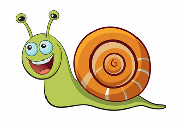 Bright and cheerful cartoon snail character with a vibrant orange spiral shell, blue body, and big smiling face. This playful vector illustration is perfect for children’s books, educational materials