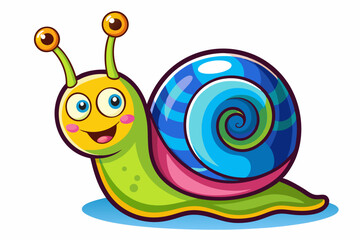 Bright and cheerful cartoon snail character with a vibrant orange spiral shell, blue body, and big smiling face. This playful vector illustration is perfect for children’s books, educational materials