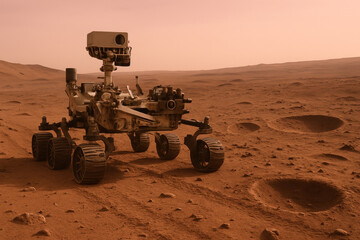 Mars rover exploring rocky terrain.