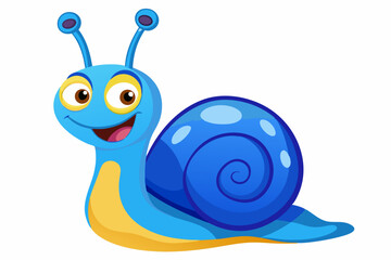 Bright and cheerful cartoon snail character with a vibrant orange spiral shell, blue body, and big smiling face. This playful vector illustration is perfect for children’s books, educational materials