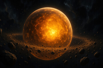 Yellow planet with large orange moon.