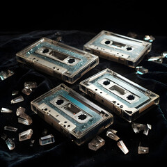Crystal-Infused Vintage Cassettes on Velvet – Retro Media with Quartz Detail in 4K