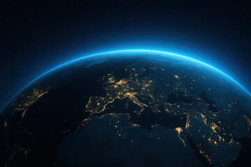 Earth at night, illuminated by city lights and glowing with a network of bright patterns across continents, a stunning view from space.