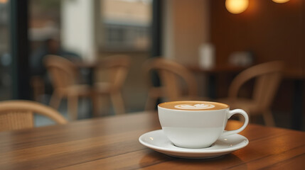 Latte in ceramic cup on wooden caf&eacute; table
