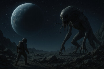 Alien and man walking in desert.