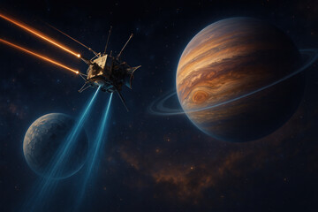 Space station suspended amidst planets and stars in a cosmic canvas.