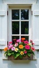 Charming window box overflowing with colorful flowers, nestled in front of rustic white shutters Perfect for adding a touch of cottagecore to your home decor , summer, window box
