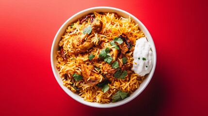 Chicken biryani bowl on red background 