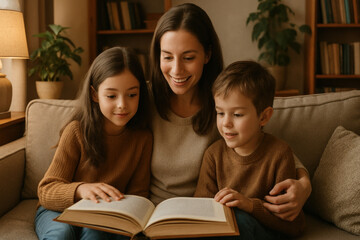 Mother and son reading a book together.