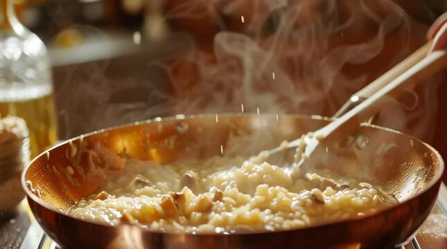 Steaming Gourmet Meal: An overhead shot captures the art of culinary excellence, as a chef meticulously stirs a delectable gourmet dish in a copper pan.