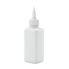 Pristine standing bottle of white PVA school glue with pointed nozzle, glue inside/exiting, centered on transparent isolated background, perfectly lit, commercial product advertising concept.