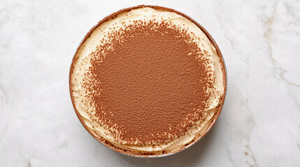 Top view of whole tiramisu cake on white background