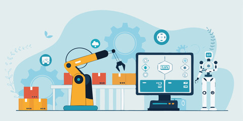 flat vector design future digital manufacturing with ai robotics automation working process concept 