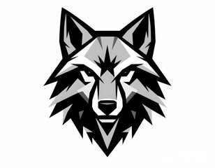 Fototapeta premium Fierce wolf head logo in minimalist geometric style. Silver and black flat design on white.