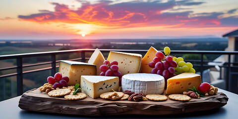 A beautiful cheese platter with assorted cheeses