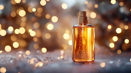 The exquisite body mist spray bottle glimmers under the light, with a blurred background and floating light spots