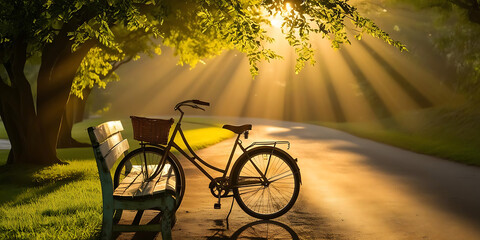 A vintage bicycle rests beside a wooden bench on a sunlit path