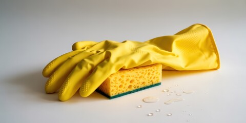 Yellow Cleaning Glove and Sponge on White Background