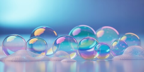 Soap Bubbles with Iridescent Colors and Foam Close Up